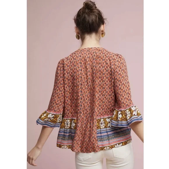 Anthropologie Maeve Womens Hiver Peasant Blouse 12 Orange Boho Hippie Floral - Picture 2 of 9